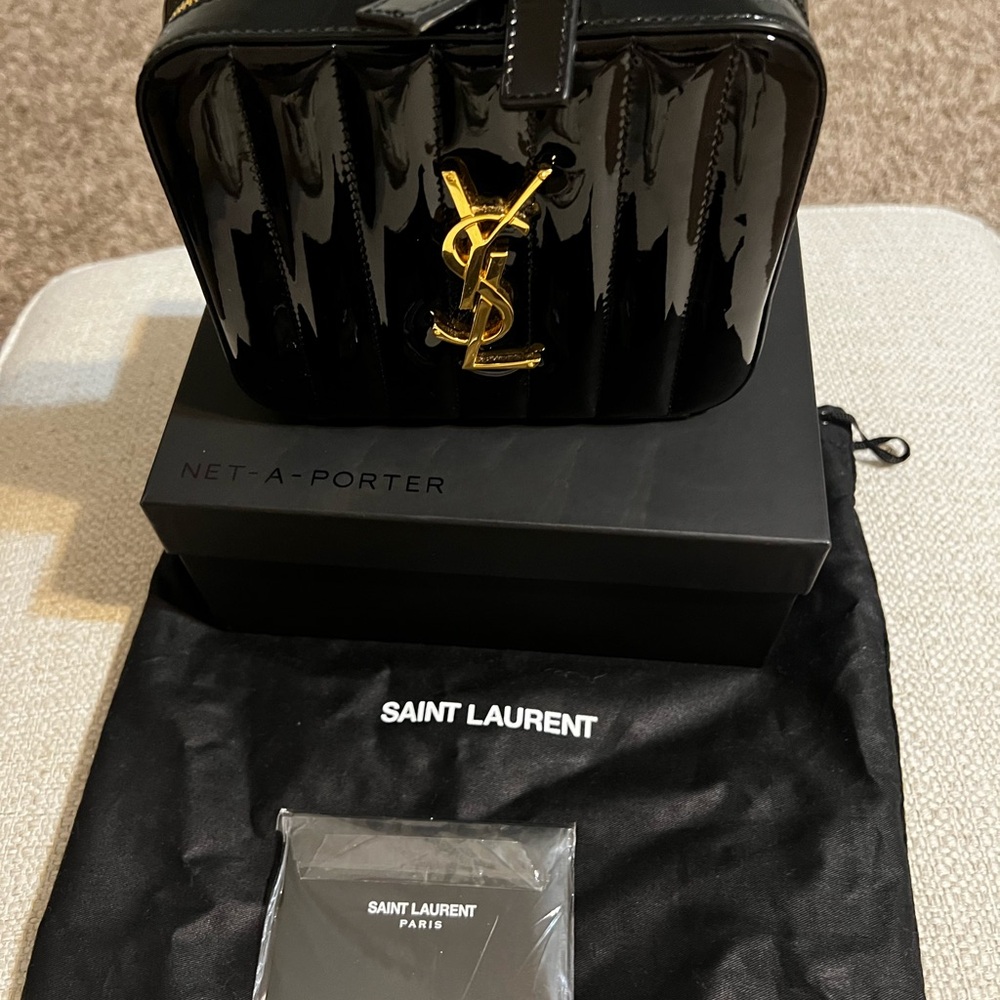 Saint Laurent Black Patent Leather Bag with Gold Logo